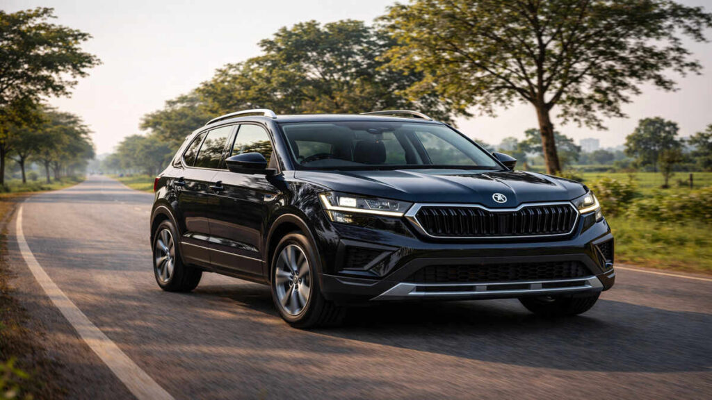 Skoda Kushaq Facelift 2026 Deep Black on Indian rural road