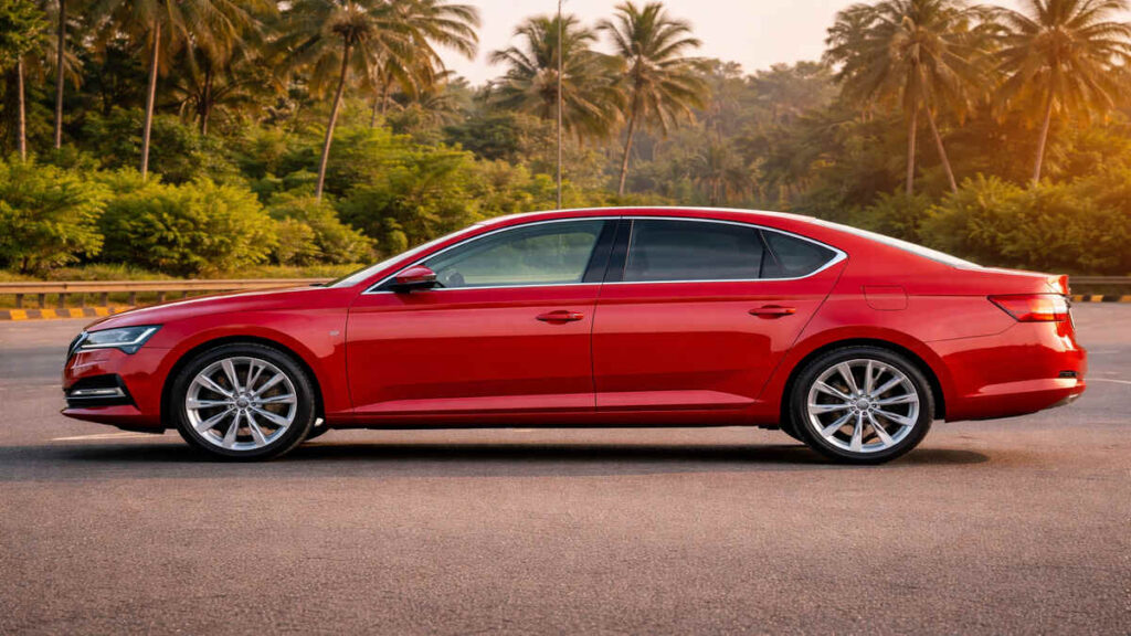 Red Skoda Superb side profile on Indian road
