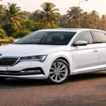 White Skoda Superb on Indian highway road