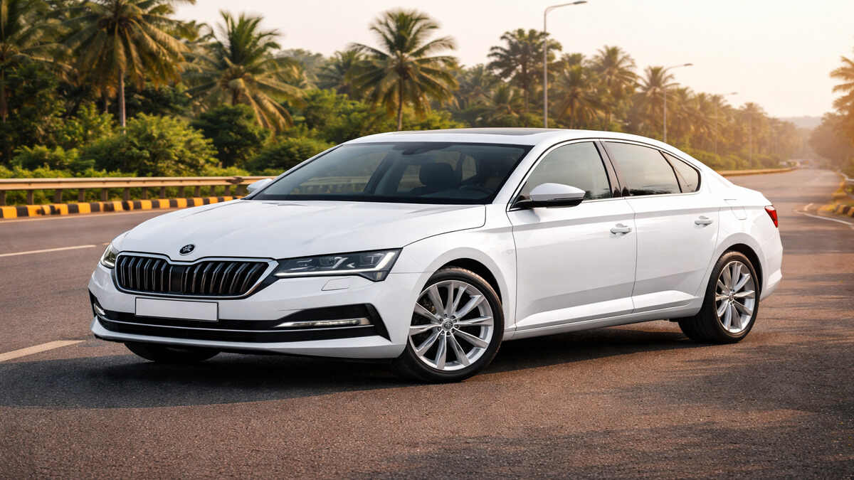 White Skoda Superb on Indian highway road