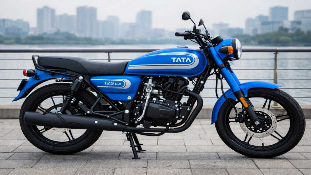 Tata 125cx blue colour bike side profile outdoor 16:9