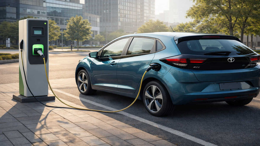 Tata Altroz EV connected to an electric charging station in an urban area during morning daylight