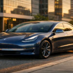 Tesla Model 3 parked on a modern city road in golden hour light