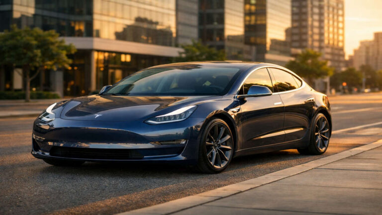 Tesla Model 3 parked on a modern city road in golden hour light
