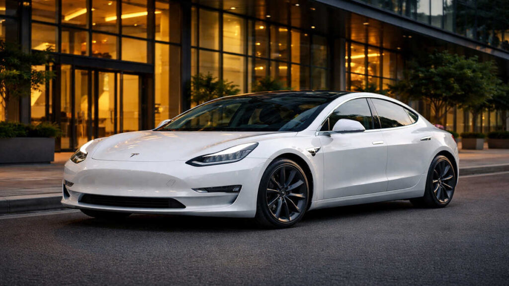 White Tesla Model 3 parked in front of a modern glass building