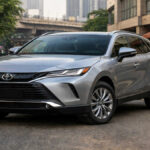 Toyota Venza hybrid SUV parked on an urban city road in India, front-angle view in clean daylight.