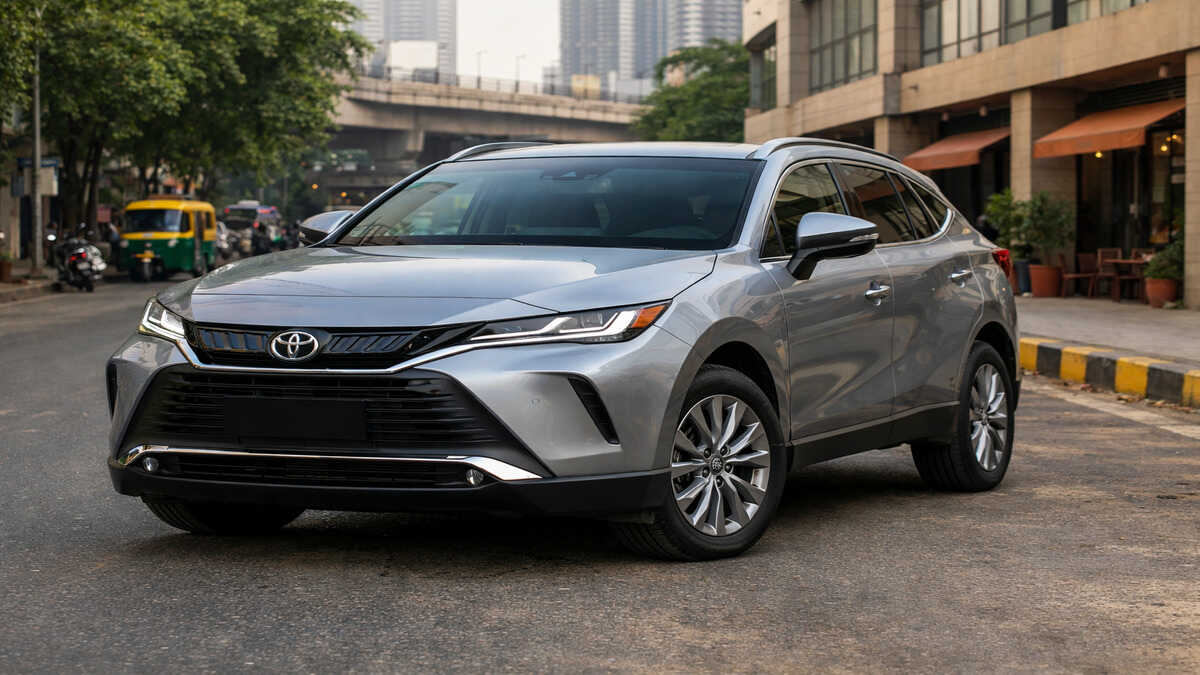 Toyota Venza hybrid SUV parked on an urban city road in India, front-angle view in clean daylight.