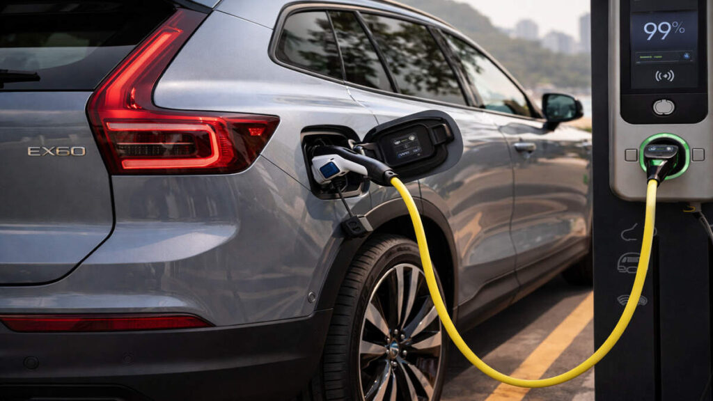 Volvo EX60 blue gray electric SUV connected to an EV charging station, close-up view of charging port and cable.