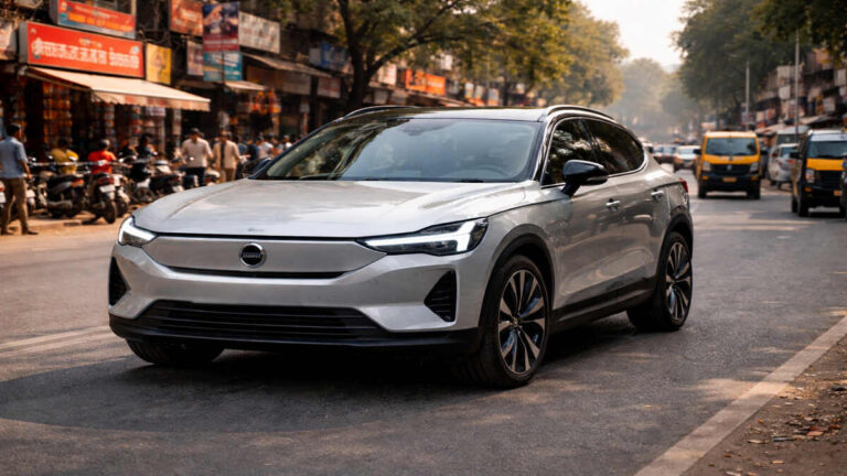 Volvo EX60 silver electric SUV front view on an Indian road, realistic 16:9 photo without number plate.