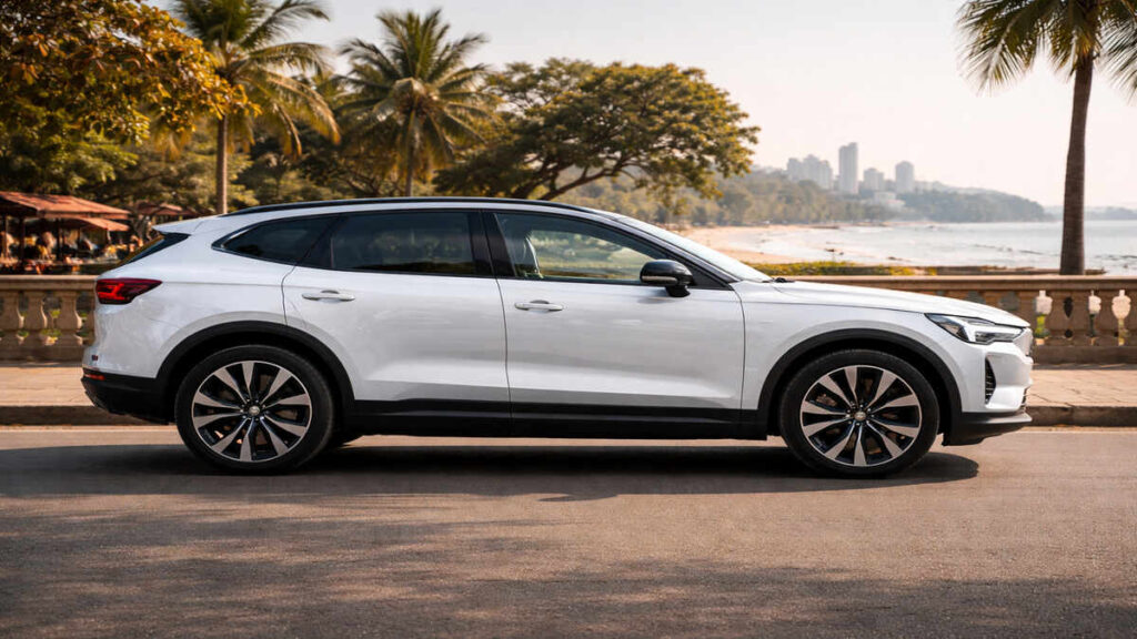 Volvo EX60 Crystal White electric SUV side profile on a beach road, realistic 16:9 photo.